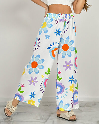 Royalfashion Pantaloni largi din țesătură cu motive florale pentru femei