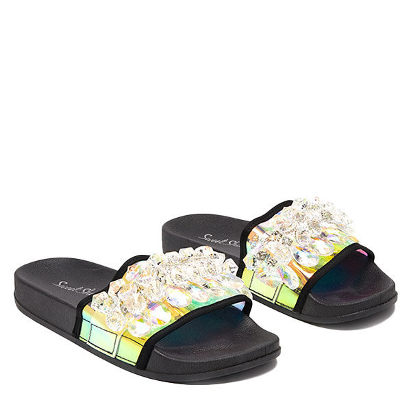 OUTLET Papuci de dama negri din cauciuc cu cristale Omisa - Incaltaminte