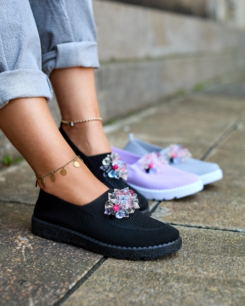 Royalfashion Mocasini negri din material textil pentru femei cu cristale Fezens