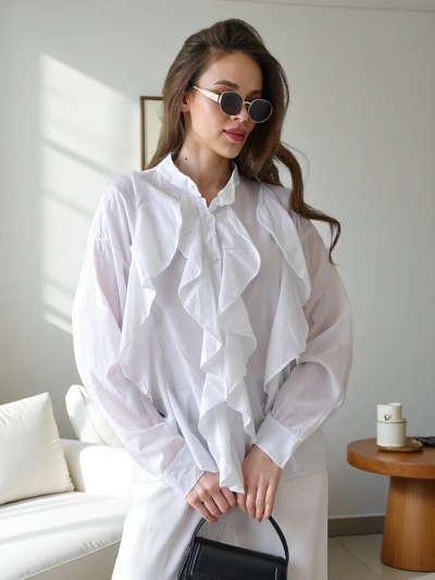 Cămașă din bumbac Royalfashion împodobită cu volane și gât butonat