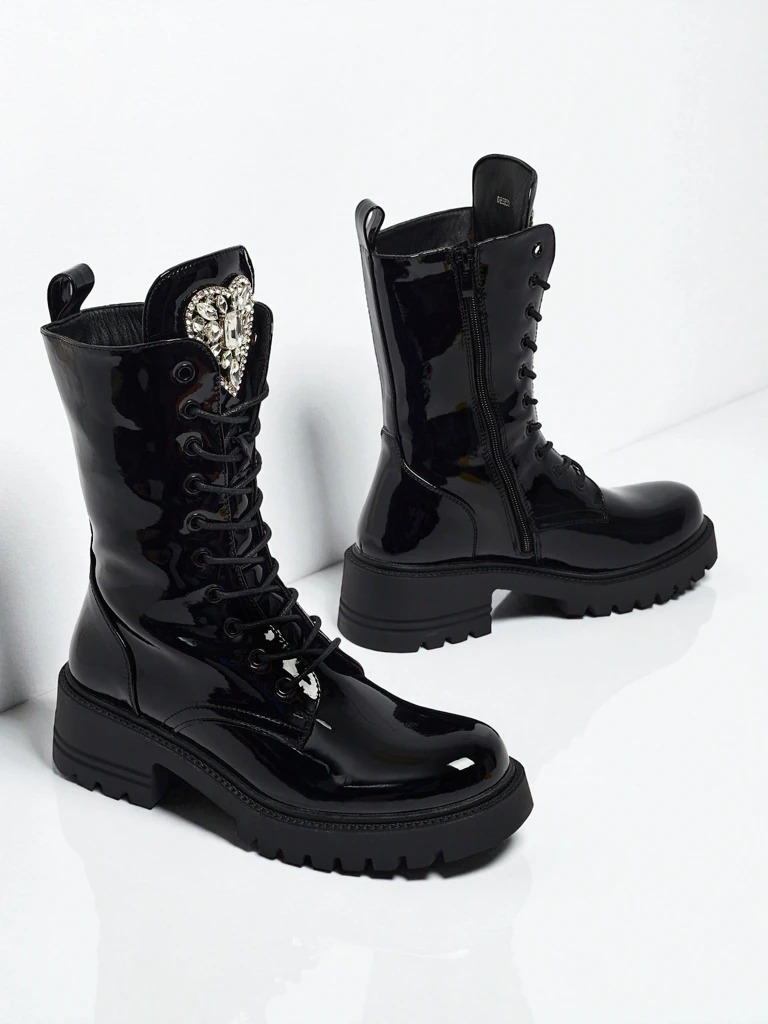 Botine Dama Luna Negre Lăcuite Stilate de Toamnă