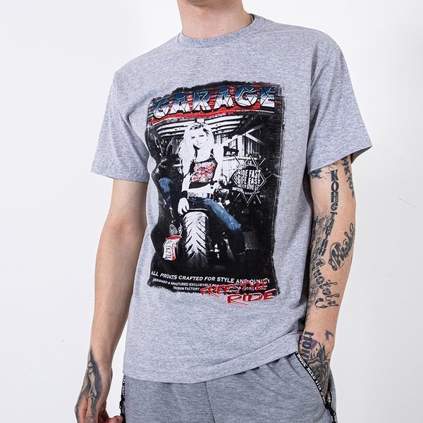 Tricou din bumbac gri deschis pentru bărbați, decorat cu imprimeul și inscripția - Îmbrăcăminte