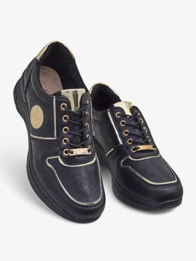 Damskie sneakersy koturny Callista Nero skóra ekologiczna czarne