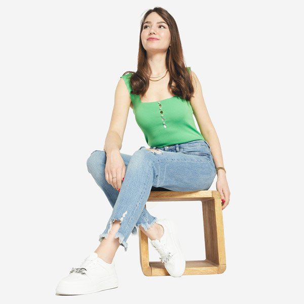 Top de damă verde cu zirconiu cubic a'la nasturi- Îmbrăcăminte