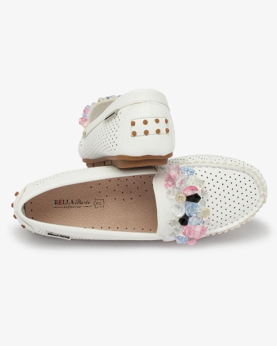 Royalfashion Mocasini albi de damă, ajurați, cu cristale decorative Cizzas