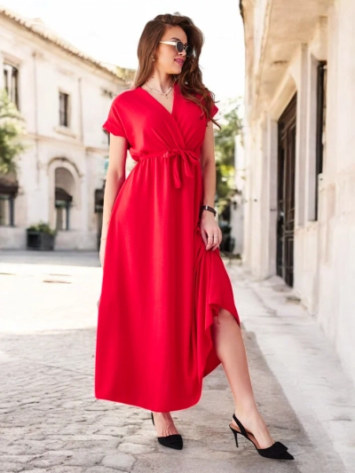 Rochie midi pentru femei Royalfashion cu decolteu înfășurat, mâneci scurte și un centură