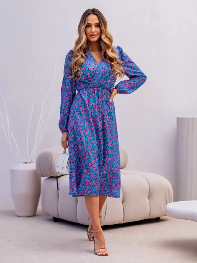Rochie midi pentru femei Royalfashion cu flori mici, decolteu înfășurat și fante.