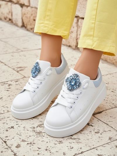 Aurelia Bianco – Sneakers damă albe cu platformă și ornament glamour