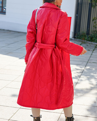 Royalfashion Palton matlasat roșu pentru femei cu cravată