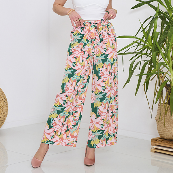 Pantaloni palazzo verzi pentru femei cu flori roz - Îmbrăcăminte