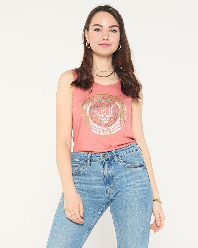 Bluză coral pe bretele cu imprimeu și zirconiu cubic - Îmbrăcăminte