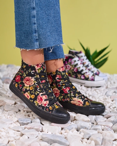 Royalfashion Adidași înalți de damă negri cu imprimeu floral Fahenna