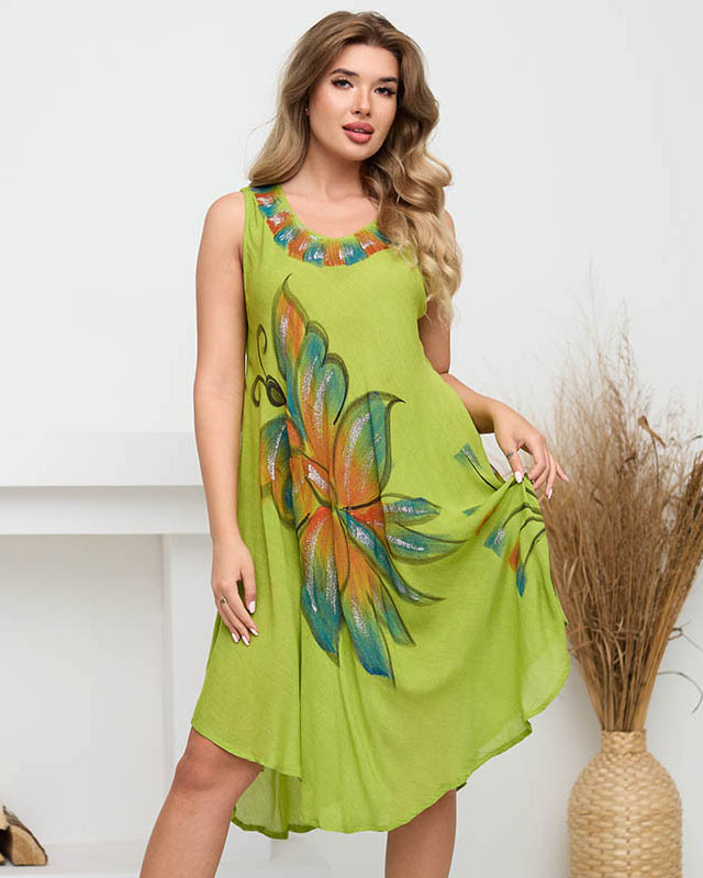 Rochie verde aerisită până la genunchi pentru femei cu imprimeu de vară - Îmbrăcăminte