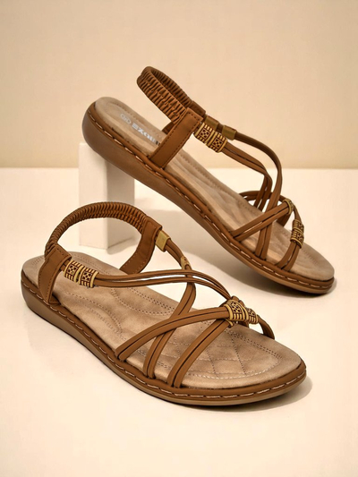 Sandalia pa hende muhe Royalfashion Cressida camel plat konfort kuero eco zomer