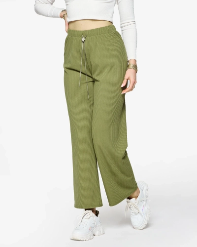 Pantaloni largi cu nervuri pentru femei, de culoare verde - Îmbrăcăminte