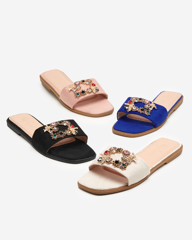 OUTLET Papuci de dama roz din piele intoarsa ecologica cu catarama aurie Kom- Incaltaminte