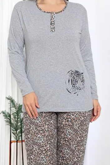 Royalfashion Pijamale gri pentru femei, din 2 piese, cu imprimeu leopard Mărime plus