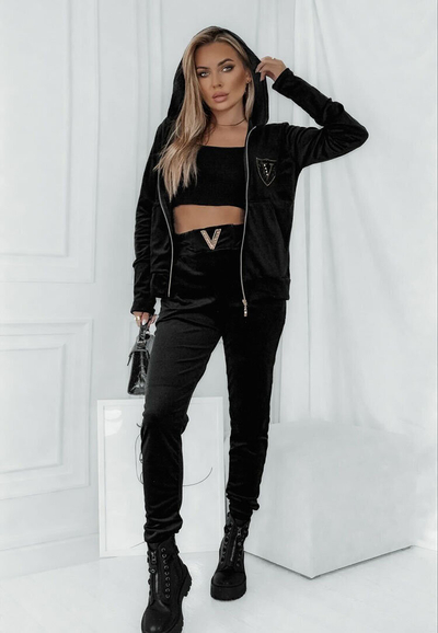 Royalfashion Set trening negru de catifea pentru femei