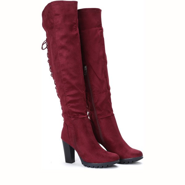Bordowe kozaki na słupku Silvie - Obuwie