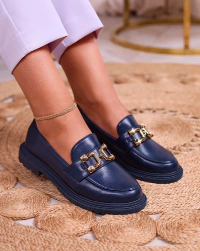 Royalfashion Mocasini pentru femei albastru marin cu ornament auriu Aderica