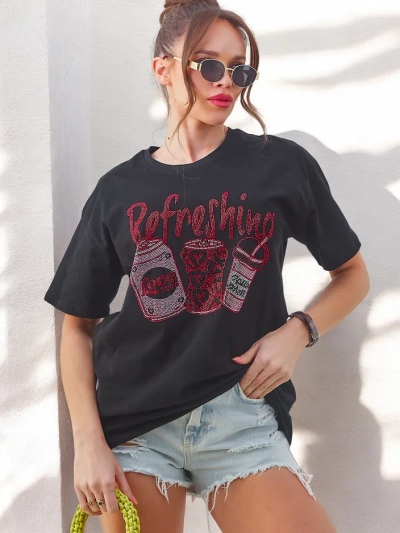 Royalfashion Tricou din bumbac pentru femei cu imprimeu stras