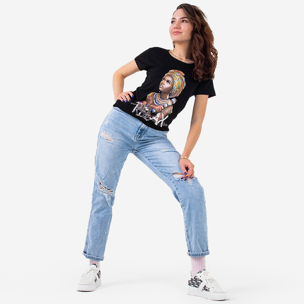 Tricou de dama negru cu imprimeu colorat si paiete - Imbracaminte
