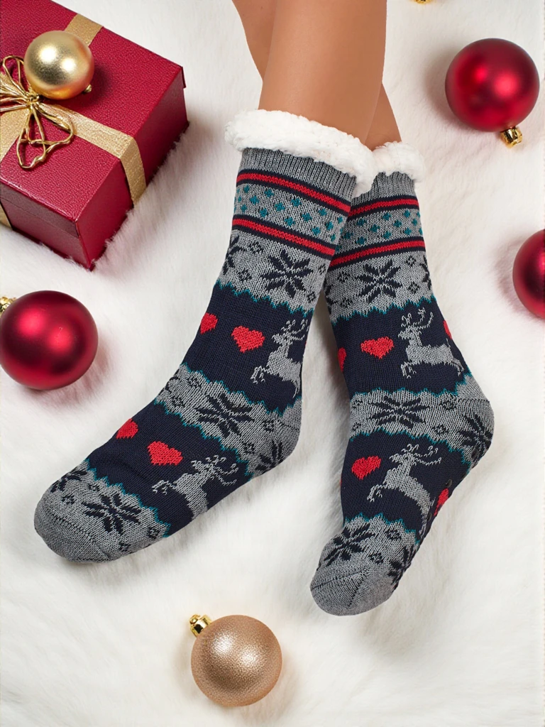 Skarpety Damskie Aurora Wielokolorowe Dzianinowe Z Cieplutkim Futerkiem