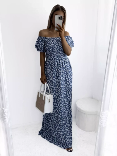 Rochie maxi albastră cu model floral pentru femei - Îmbrăcăminte