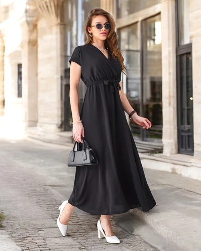 Rochie midi pentru femei Royalfashion cu decolteu înfășurat, mâneci scurte și un centură