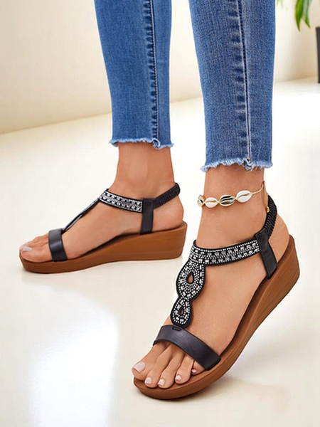 Sandale cu platformă Perseida Royalfashion negre din piele ecologică cu cristale 4,5cm