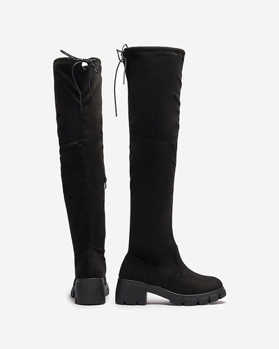 OUTLET Cizme negre de damă până la genunchi, pe post de toc Wersetfa- Footwear