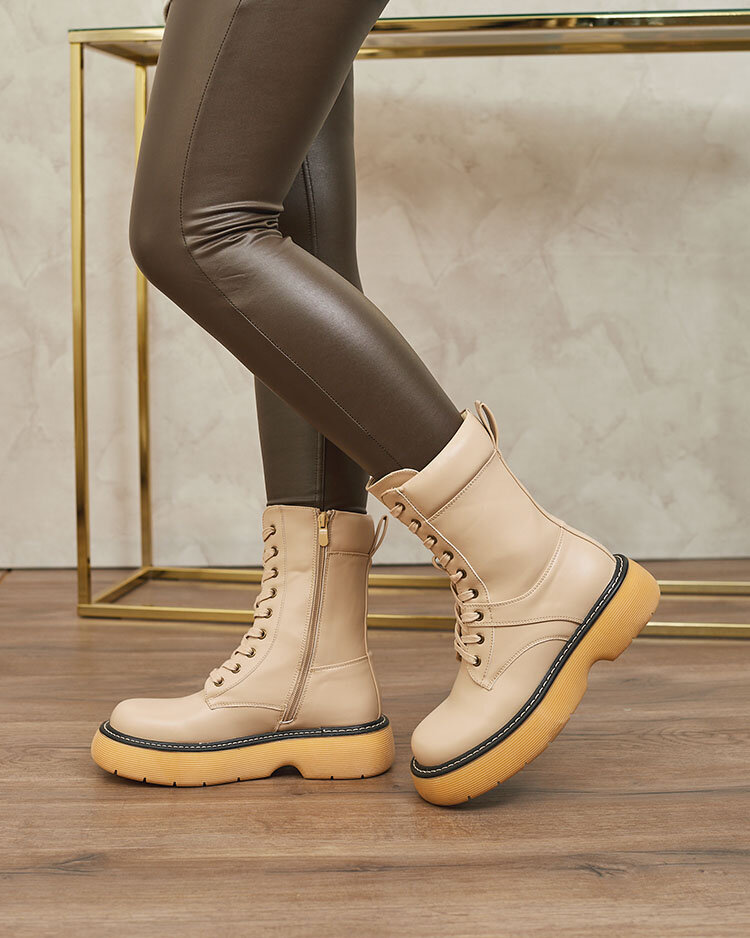 Royalfashion Cizme cu șiret pentru femei bej cu talpă solidă Diret