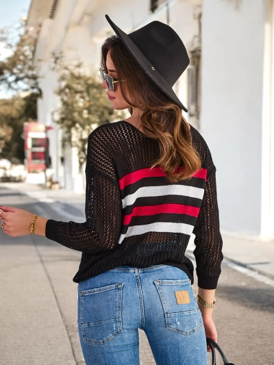 Royalfashion Pulover negru cu dungi ajurate pentru femei