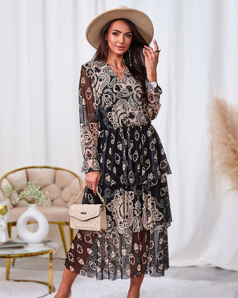 Royalfashion Rochie midi din plasă neagră și bej cu imprimeu
