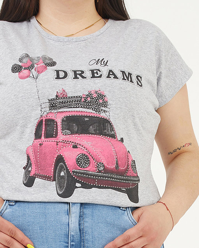 Tricou dama gri cu imprimeu MY DREAMS PLUS SIZE - Imbracaminte