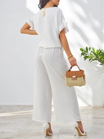Royalfashion Set casual pentru femei cu bluză cu mânecă scurtă și pantaloni largi