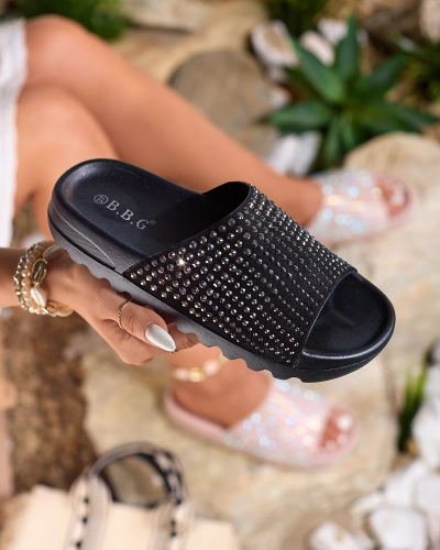 Royalfashion Șlapi de damă negri cu zirconii Lesixa