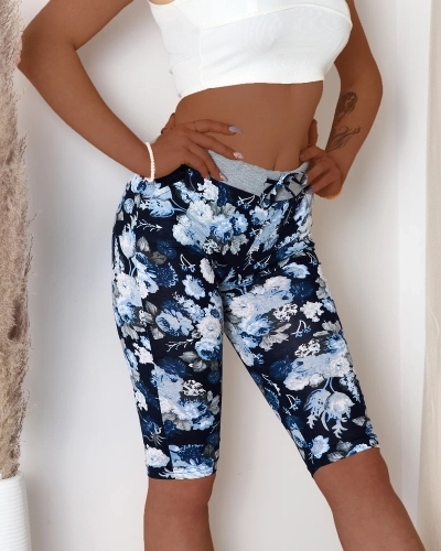 Pantaloni scurți 3/4 de damă albaștri cu model floral - Îmbrăcăminte