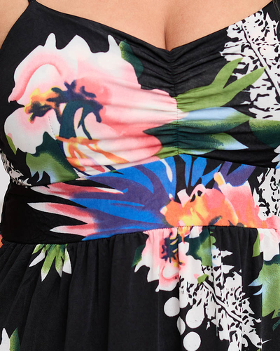 Rochie florală neagră până la genunchi - Îmbrăcăminte