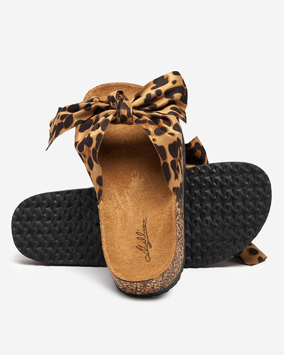 OUTLET Flip-flops damă din piele ecologică cu fundă cu model leopard Xeria - Încălțăminte