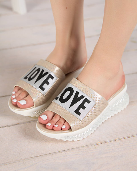 Papuci de damă bej strălucitori cu cuvintele Sosha- Încălțăminte