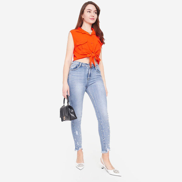 Bluză crop top portocalie prinsă cu nasturi - Îmbrăcăminte
