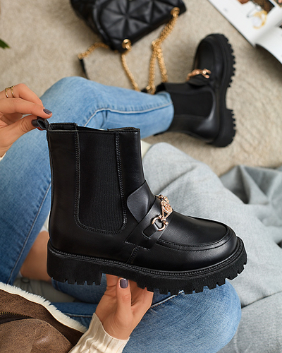 OUTLET Cizme din piele ecologică pentru femei, izolate, negre, cu ornament Fera - Încălțăminte