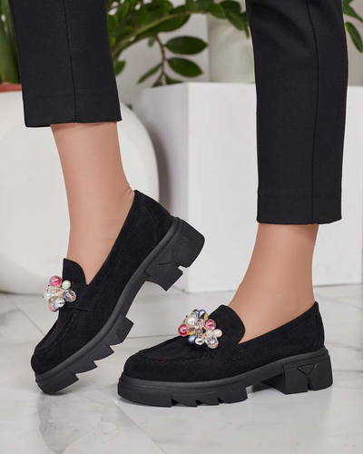 Royalfashion Mocasini negri de damă cu cristale colorate Glam