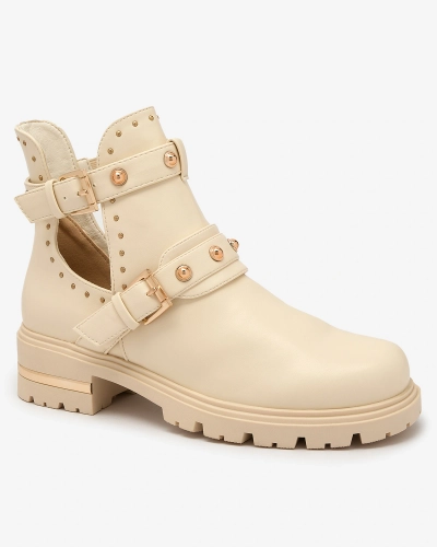 Royalfashion Cream Cizme cu toc plat cu decor Jewel Walk pentru femei