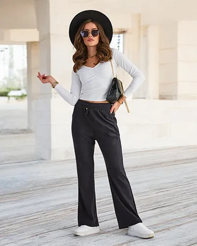 Royalfashion Pantaloni din țesătură de catifea de culoare albastru marin pentru femei