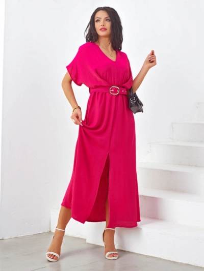 Rochie midi Royalfashion pentru femei cu mâneci scurte, decolteu în V și slit central