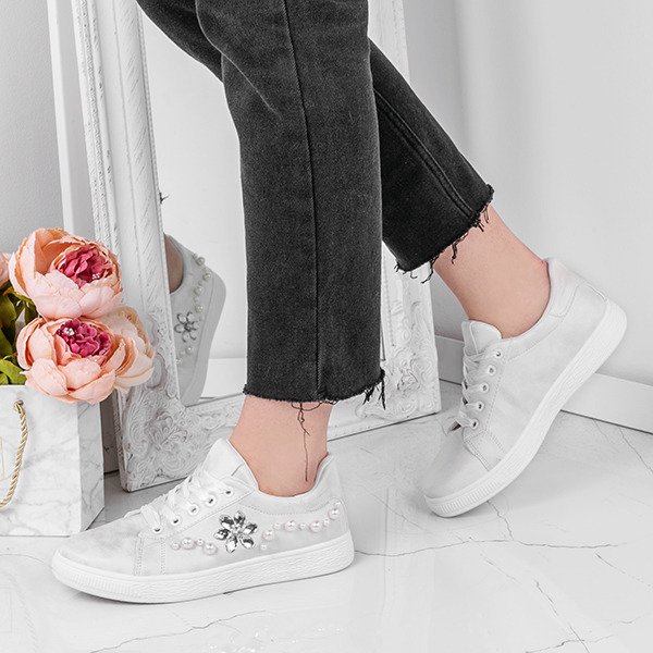 Białe tenisówki z perełkami i cyrkoniami Florssa - Obuwie