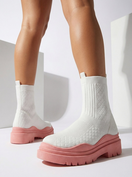 Cizme de damă albe și roz cu toc plat Seritis - Încălțăminte