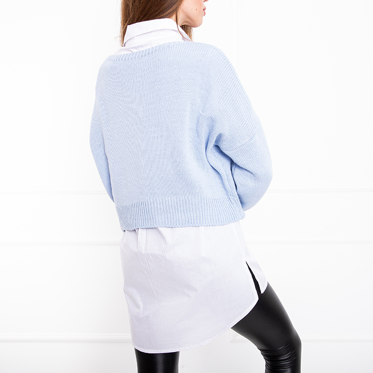 Pulover albastru pentru femei, cu cămașă albă - Îmbrăcăminte